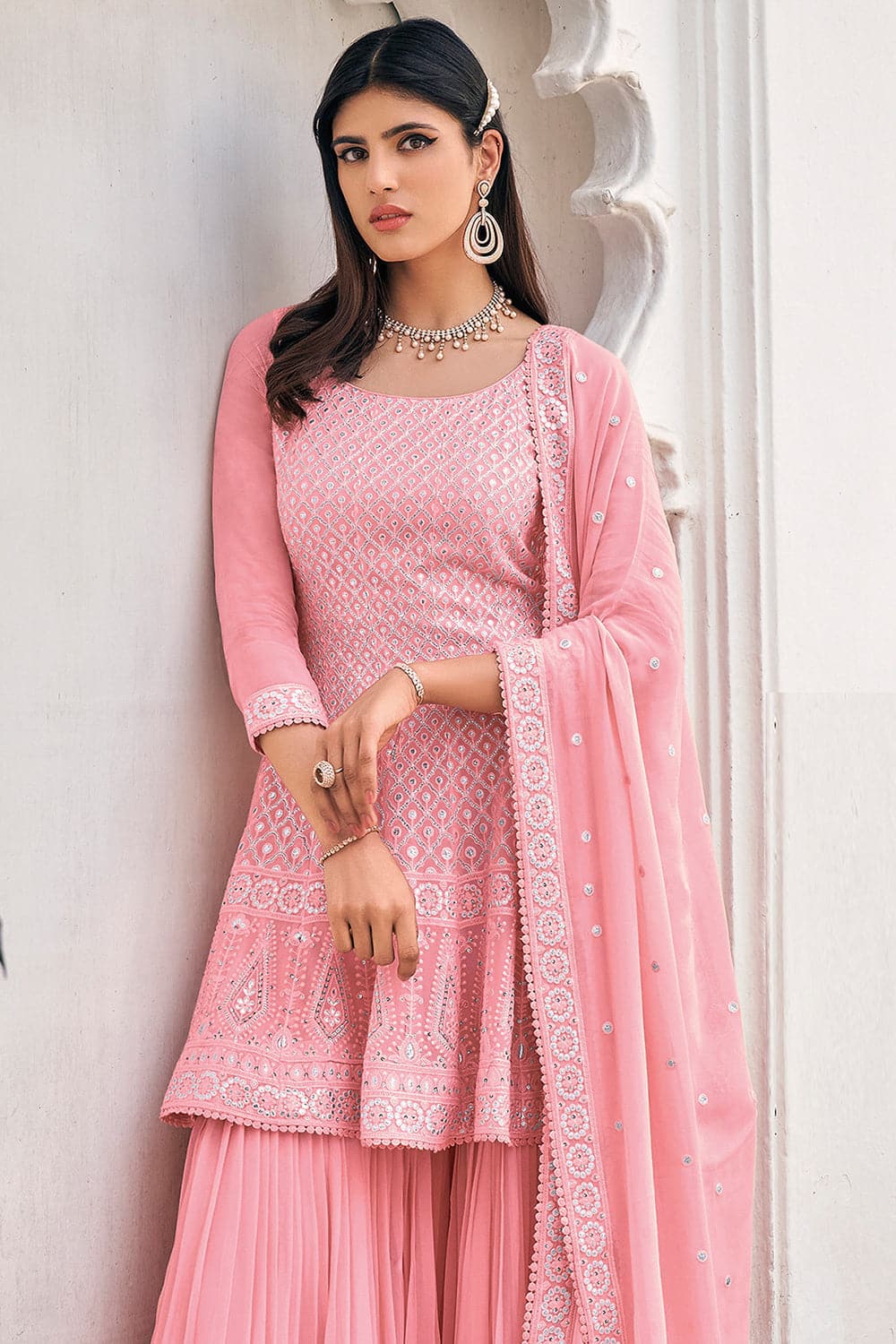 Affordable Peach Color Georgette Embroidery Work Sharara Suit